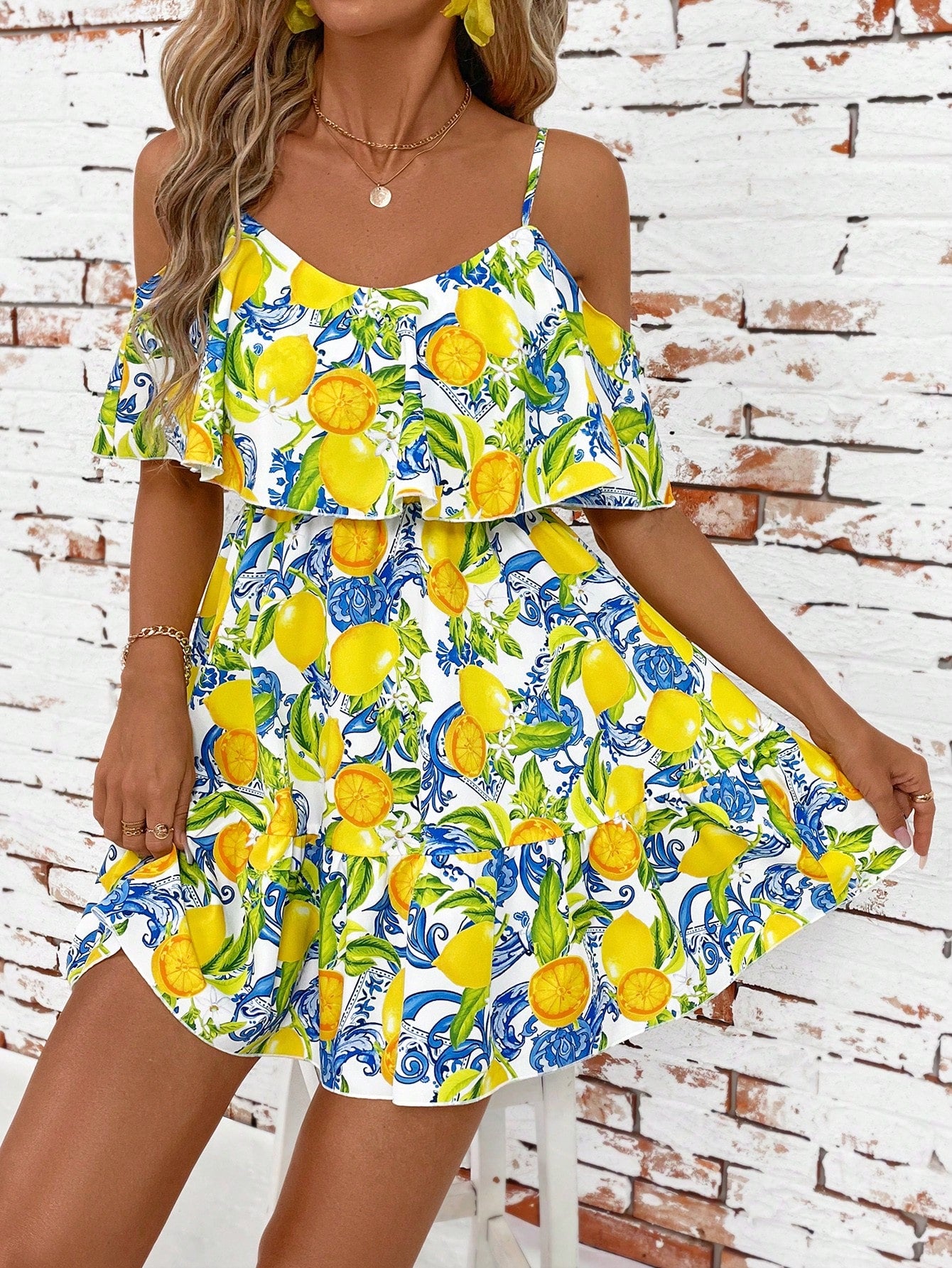 SHEIN Clasi Romantic Flower And Plant Printed Off-The-Shoulder Ruffle Strap Vacation Summer Dress Dresses Graduation,Summer Dresses For Women