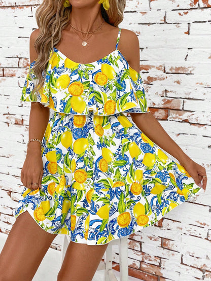 SHEIN Clasi Romantic Flower And Plant Printed Off-The-Shoulder Ruffle Strap Vacation Summer Dress Dresses Graduation,Summer Dresses For Women