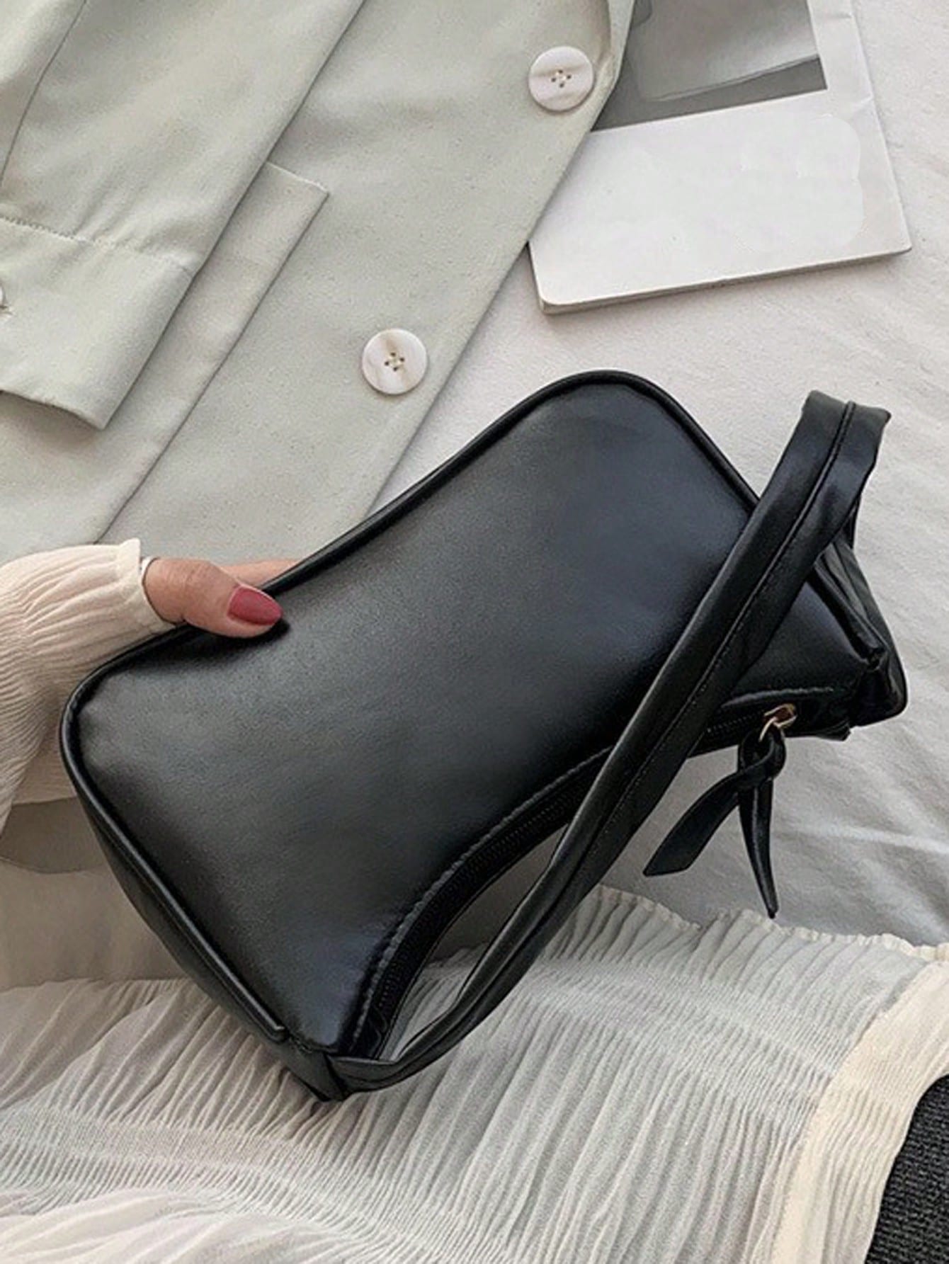 Solid Color Mini Underarm Shoulder Bag, PU Leather Small Bag, Simple Casual Versatile Handbag, Large Capacity Zipper French Baguette Bag, Suitable For Outing, Date, Shopping, Coin Purse, Phone Bag