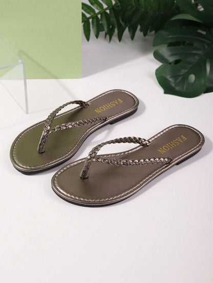 Fashionable Woven Flat Sandals Women's Toe-Strap Flip Flops