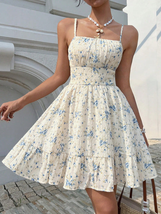 Serisse Women's Summer Holiday Ditsy Floral Print Ruffle Hem Spaghetti Strap Beach Dress,Bohemian Clothes