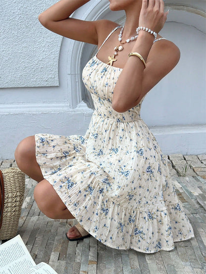 Serisse Women's Summer Holiday Ditsy Floral Print Ruffle Hem Spaghetti Strap Beach Dress,Bohemian Clothes