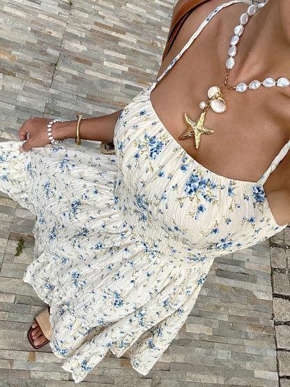 Serisse Women's Summer Holiday Ditsy Floral Print Ruffle Hem Spaghetti Strap Beach Dress,Bohemian Clothes