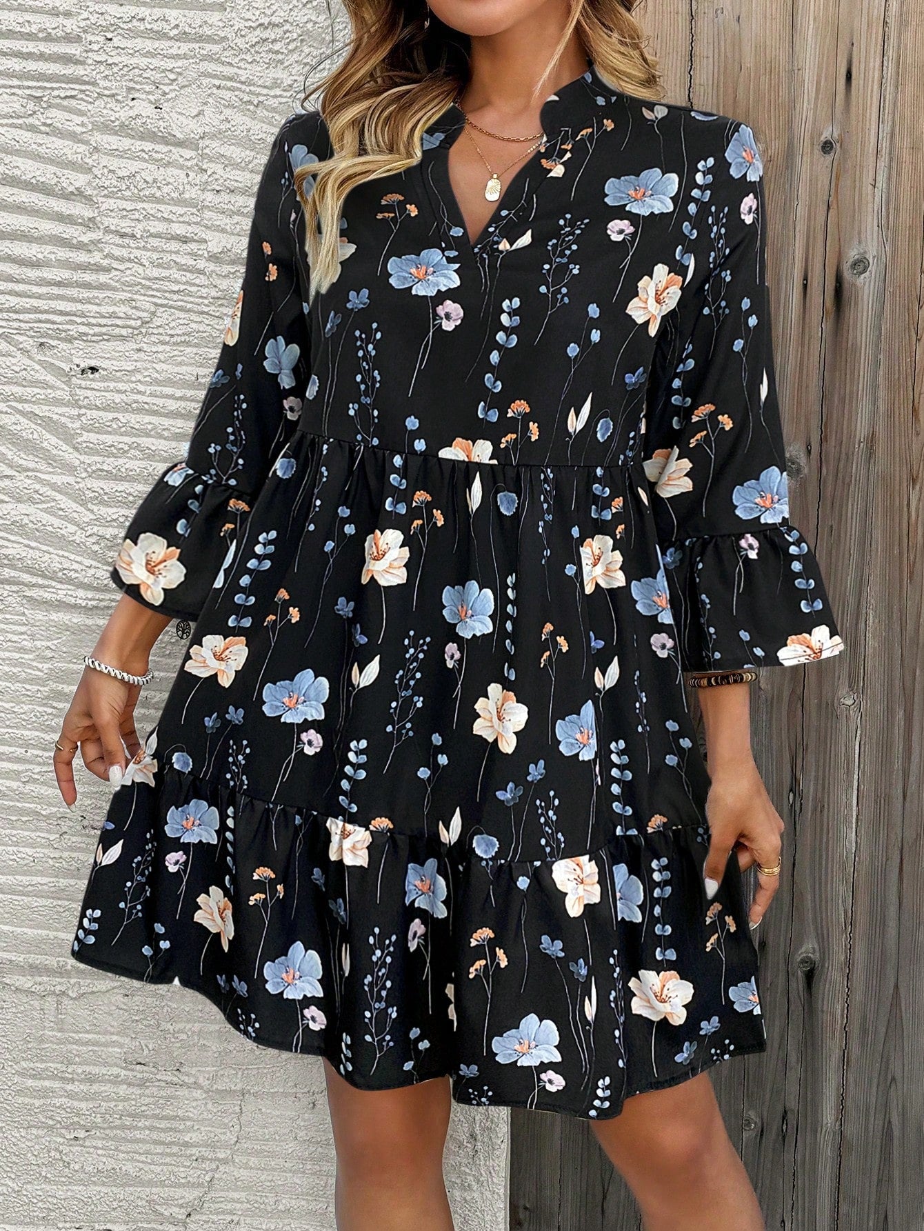 EMERY ROSE Women's Floral Print Cutout V-Neck Ruffled Hem Long Sleeve Mini Dress,Summer Dresses For Women