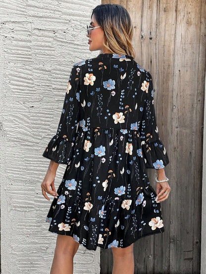 EMERY ROSE Women's Floral Print Cutout V-Neck Ruffled Hem Long Sleeve Mini Dress,Summer Dresses For Women