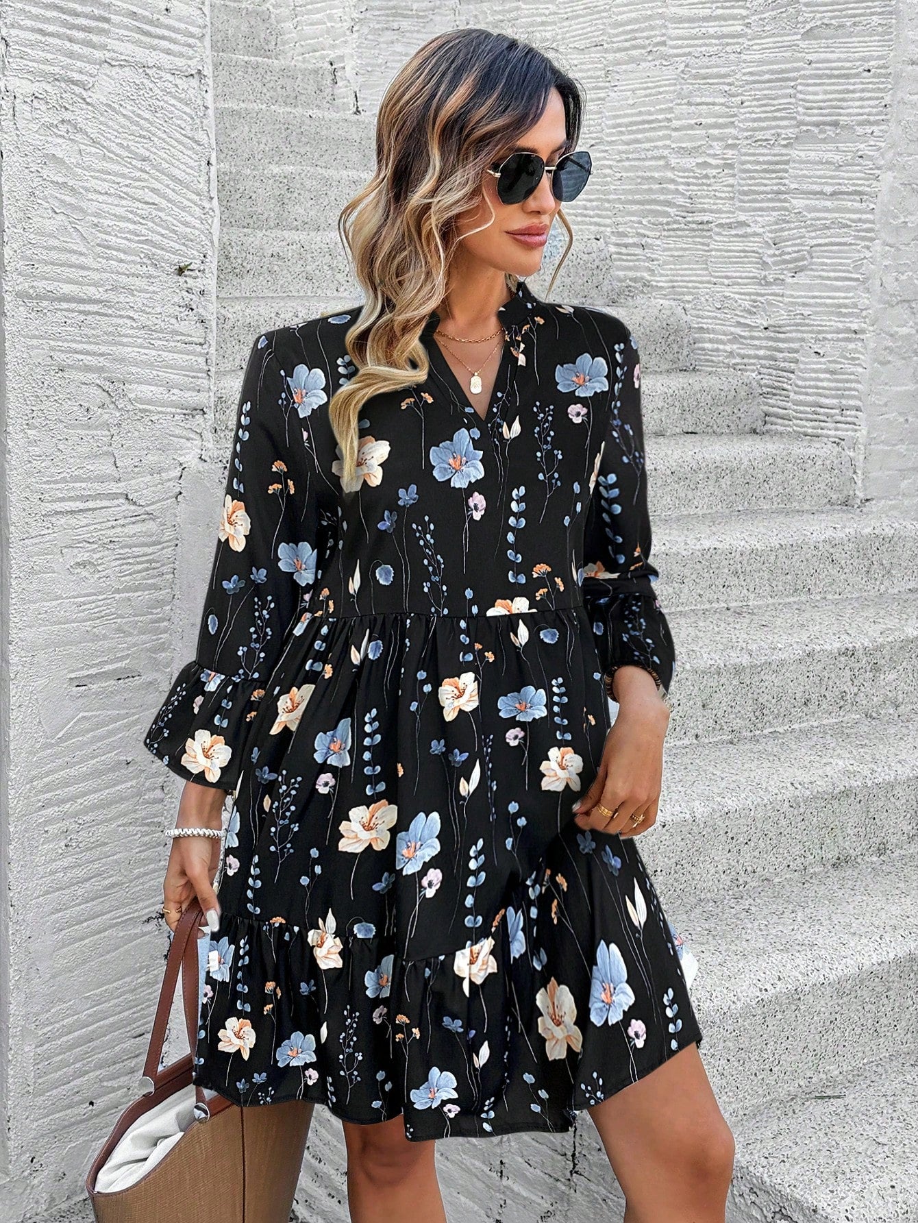 EMERY ROSE Women's Floral Print Cutout V-Neck Ruffled Hem Long Sleeve Mini Dress,Summer Dresses For Women