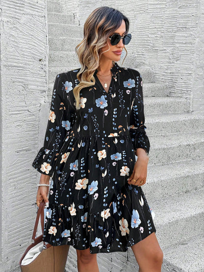 EMERY ROSE Women's Floral Print Cutout V-Neck Ruffled Hem Long Sleeve Mini Dress,Summer Dresses For Women