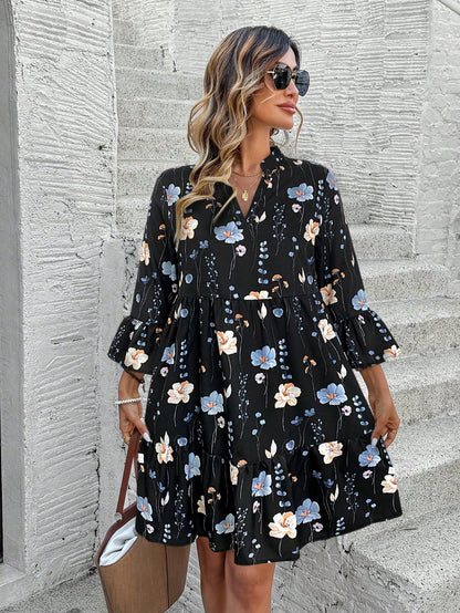 EMERY ROSE Women's Floral Print Cutout V-Neck Ruffled Hem Long Sleeve Mini Dress,Summer Dresses For Women