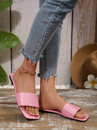 Women's Leather Flat Slide Sandals, Black Lightweight Soft Bottom Low Heel Slip-On Mule Sandals For Summer Casual Wear