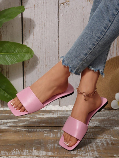 Women's Leather Flat Slide Sandals, Black Lightweight Soft Bottom Low Heel Slip-On Mule Sandals For Summer Casual Wear