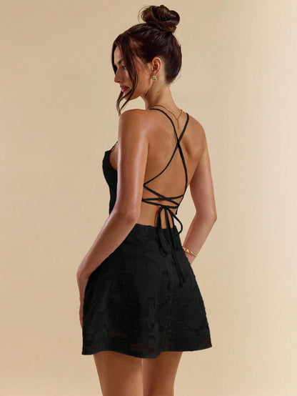 SHEIN BAE Spring/Summer Solid Pink Bodycon Low Back Tie Strap Textured A-Line Super Short Mini Dress For Women,Bohemian Clothes,Bodycon Dress