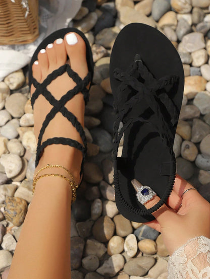Women Flat Sandals, Solid Color Criss-Cross Elastic Strap Non-Slip Casual Summer Beach Sandals