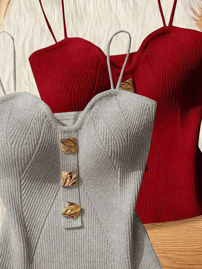 Women Metallic Decor Form-Fitting Camisole Knit Top