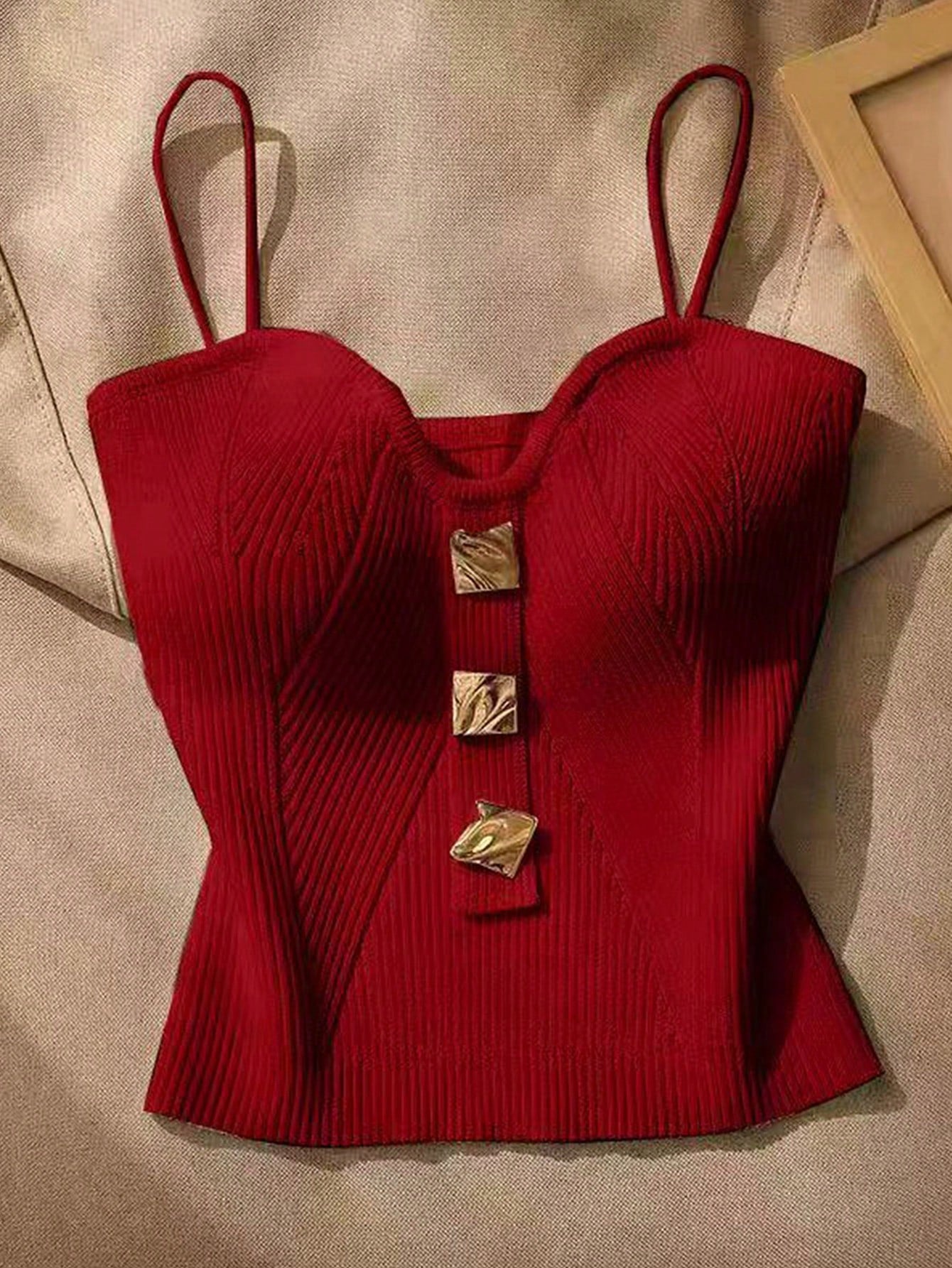 Women Metallic Decor Form-Fitting Camisole Knit Top