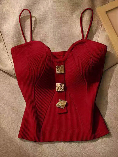 Women Metallic Decor Form-Fitting Camisole Knit Top