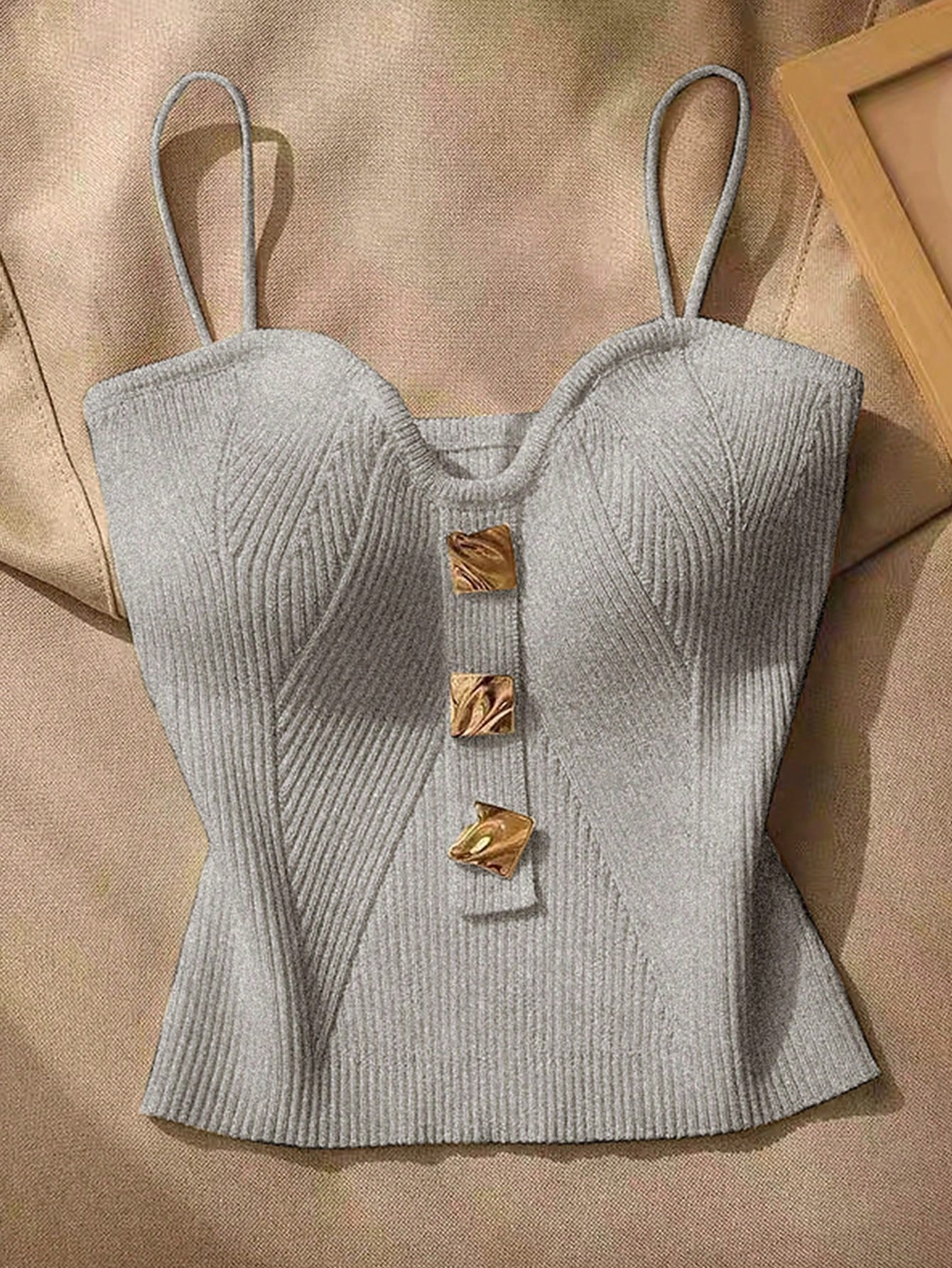 Women Metallic Decor Form-Fitting Camisole Knit Top