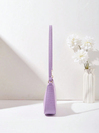 Women's Fashion Solid Color Crocodile Pattern Baguette Shoulder Bag