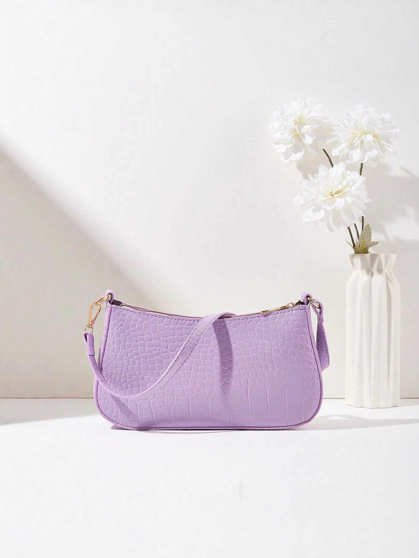 Women's Fashion Solid Color Crocodile Pattern Baguette Shoulder Bag