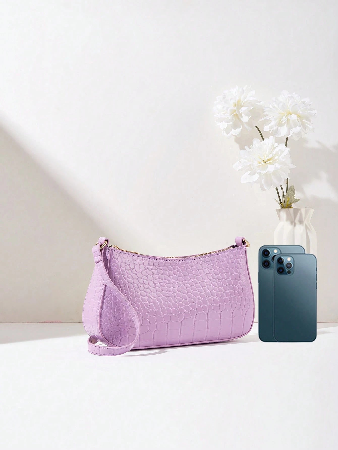 Women's Fashion Solid Color Crocodile Pattern Baguette Shoulder Bag