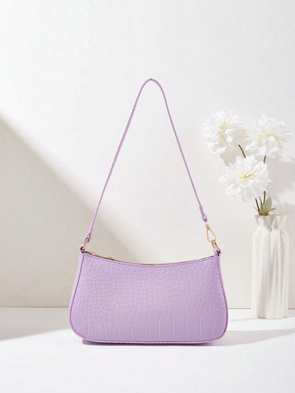 Women's Fashion Solid Color Crocodile Pattern Baguette Shoulder Bag