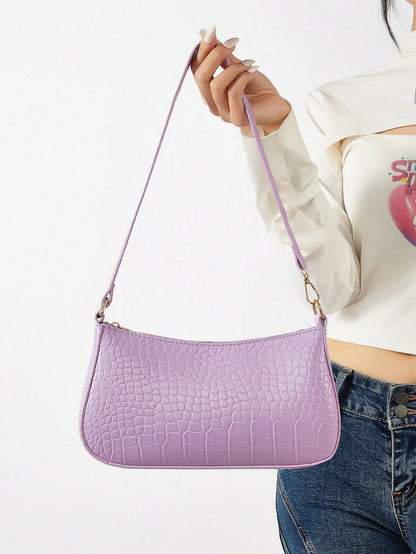 Women's Fashion Solid Color Crocodile Pattern Baguette Shoulder Bag