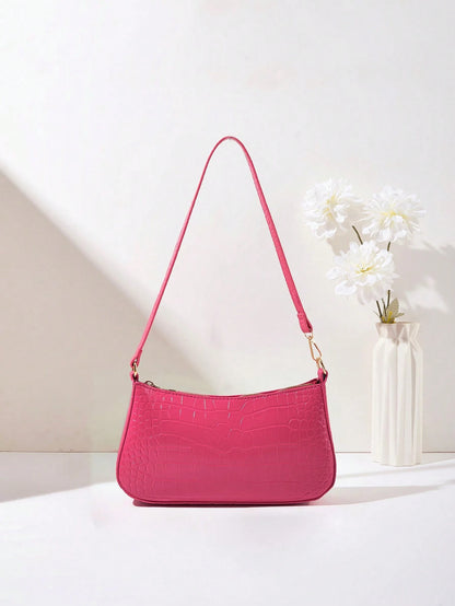 Women's Fashion Solid Color Crocodile Pattern Baguette Shoulder Bag