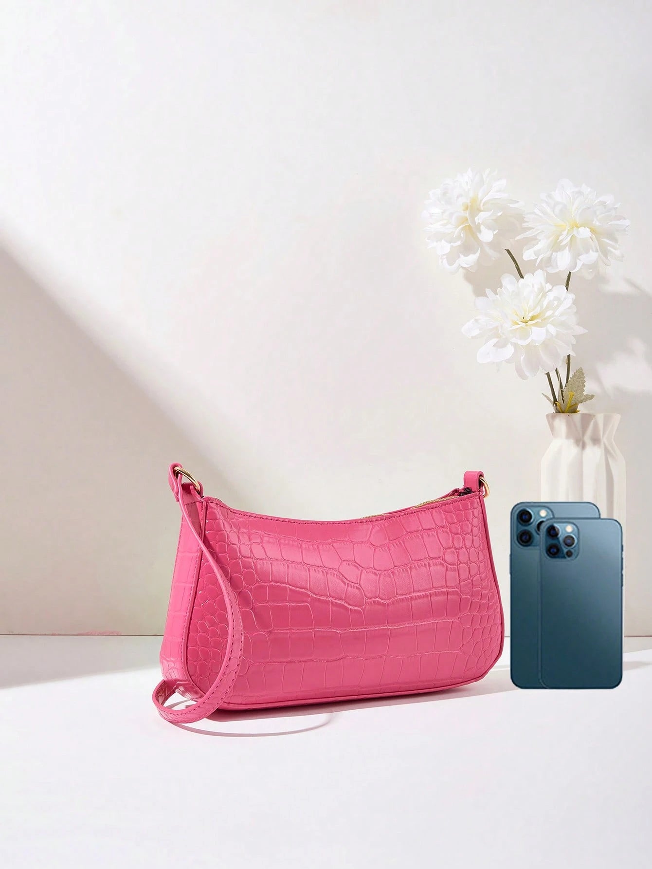 Women's Fashion Solid Color Crocodile Pattern Baguette Shoulder Bag