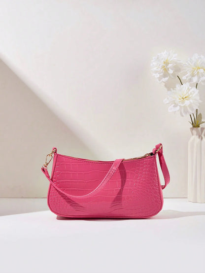 Women's Fashion Solid Color Crocodile Pattern Baguette Shoulder Bag