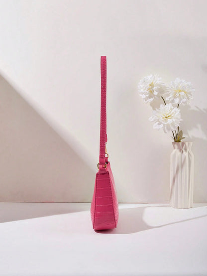 Women's Fashion Solid Color Crocodile Pattern Baguette Shoulder Bag