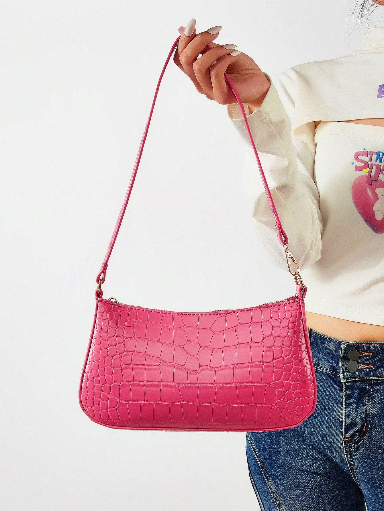 Women's Fashion Solid Color Crocodile Pattern Baguette Shoulder Bag