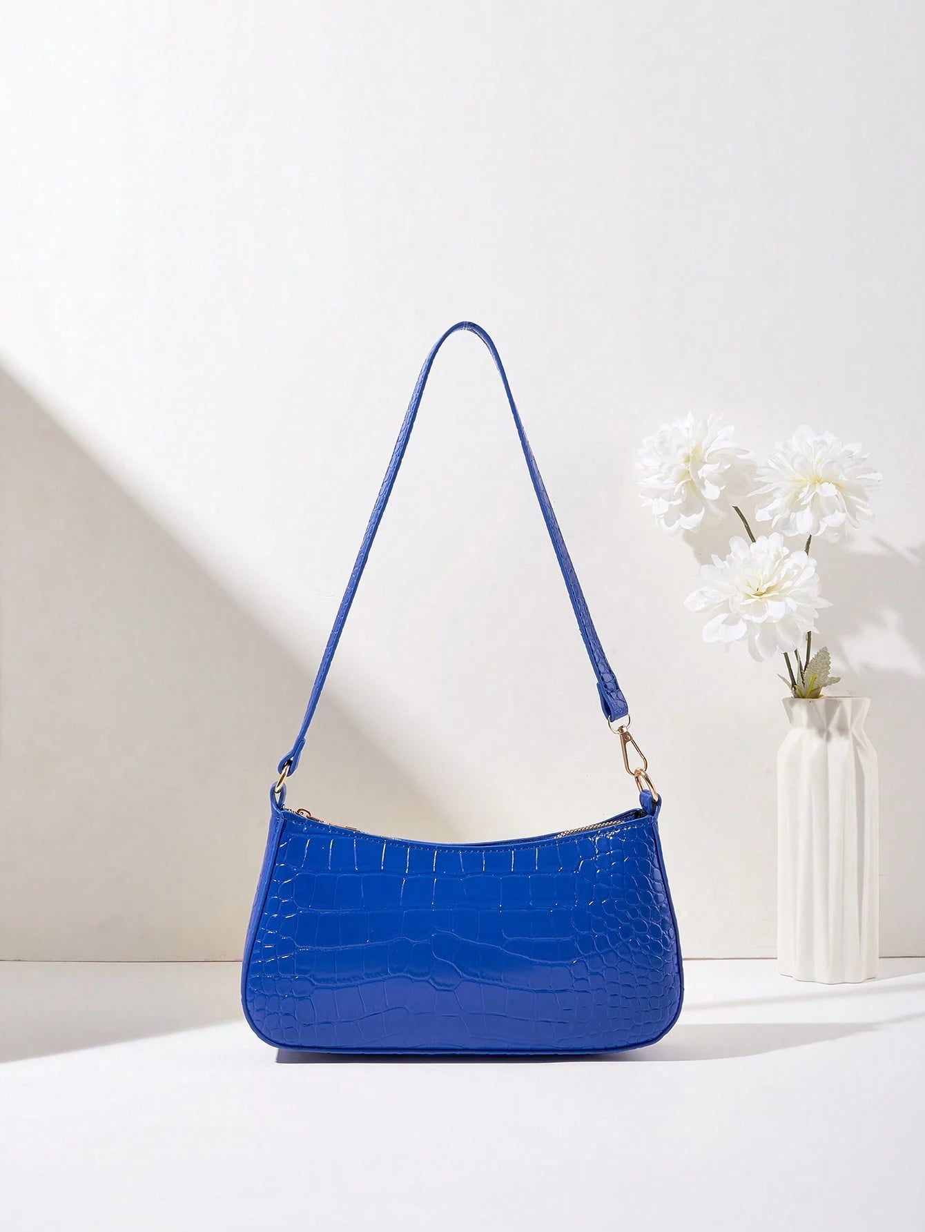 Women's Fashion Solid Color Crocodile Pattern Baguette Shoulder Bag