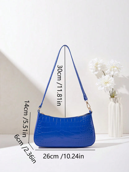 Women's Fashion Solid Color Crocodile Pattern Baguette Shoulder Bag