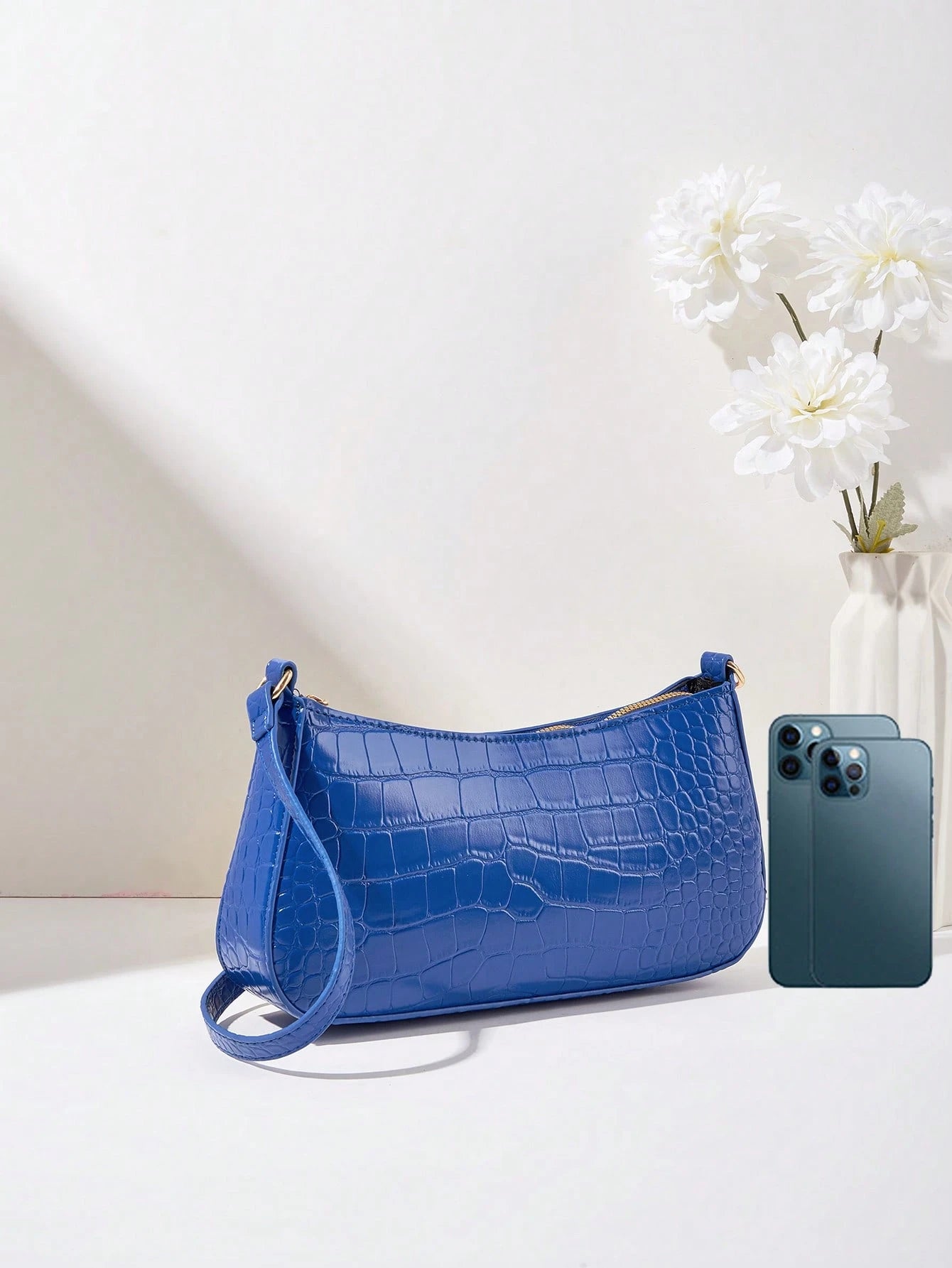 Women's Fashion Solid Color Crocodile Pattern Baguette Shoulder Bag