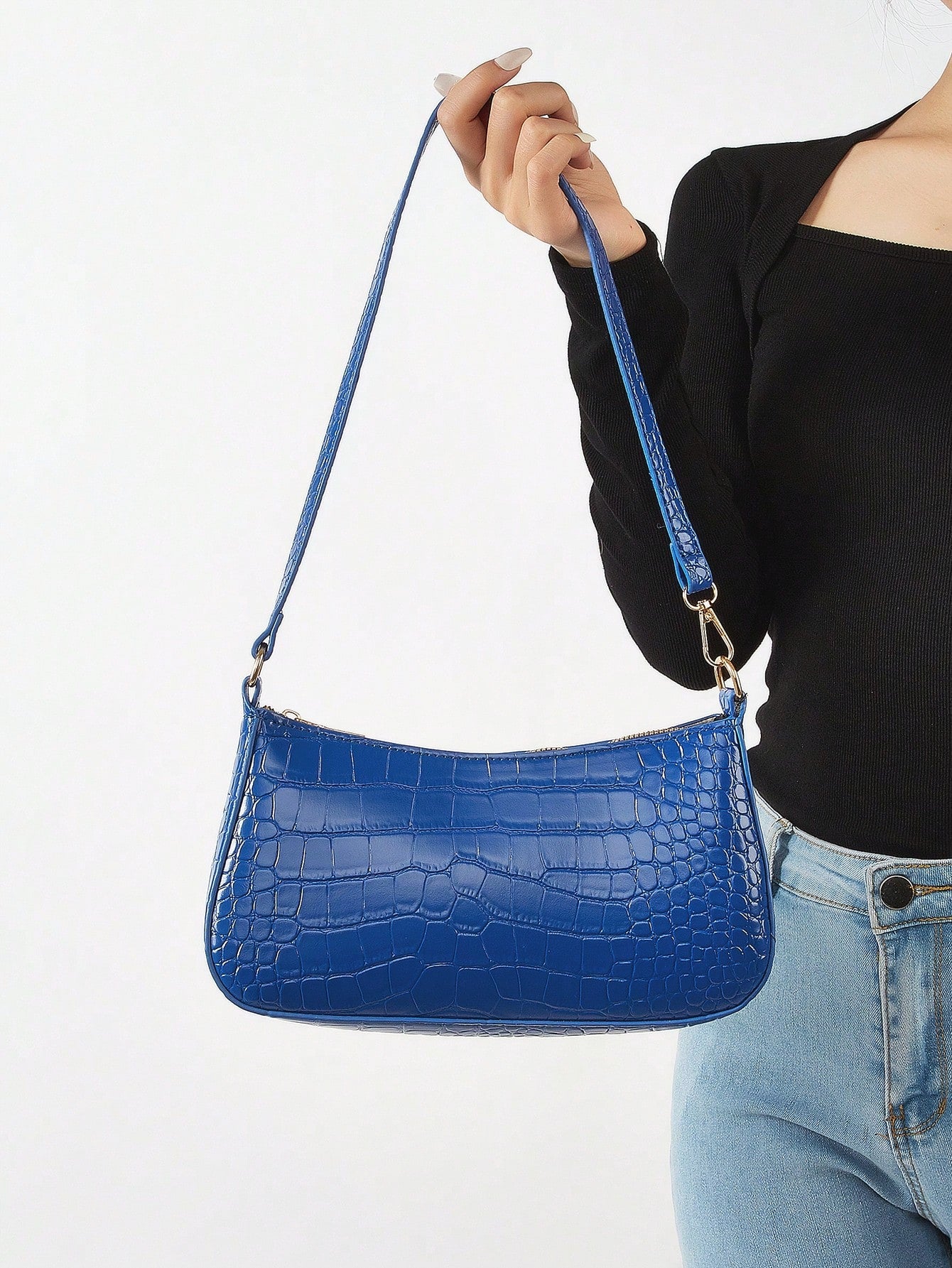 Women's Fashion Solid Color Crocodile Pattern Baguette Shoulder Bag