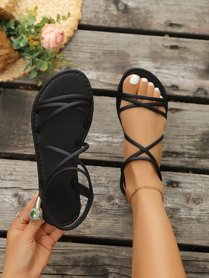 2025 Spring/Summer New Fashion Sandals, Flat Soft Bottom Flexible Material, Versatile To Pair With Dresses, Woven Elastic Band, Open Toe, Casual Beach Wear, Flat Fashionable Criss-Cross Retro Roman Sandals, Available In Black, Green, Brown, White