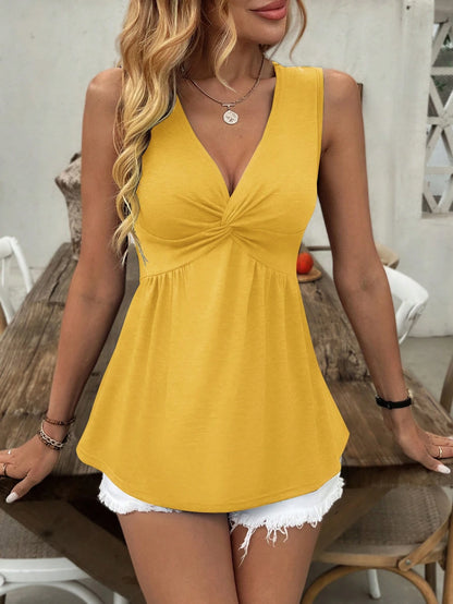 Breezaya Women's Casual Vacation Bohemian Style Floral Print Twist Pleated Front V-Neck Tank Top, Suitable For Beach Holiday, Summer