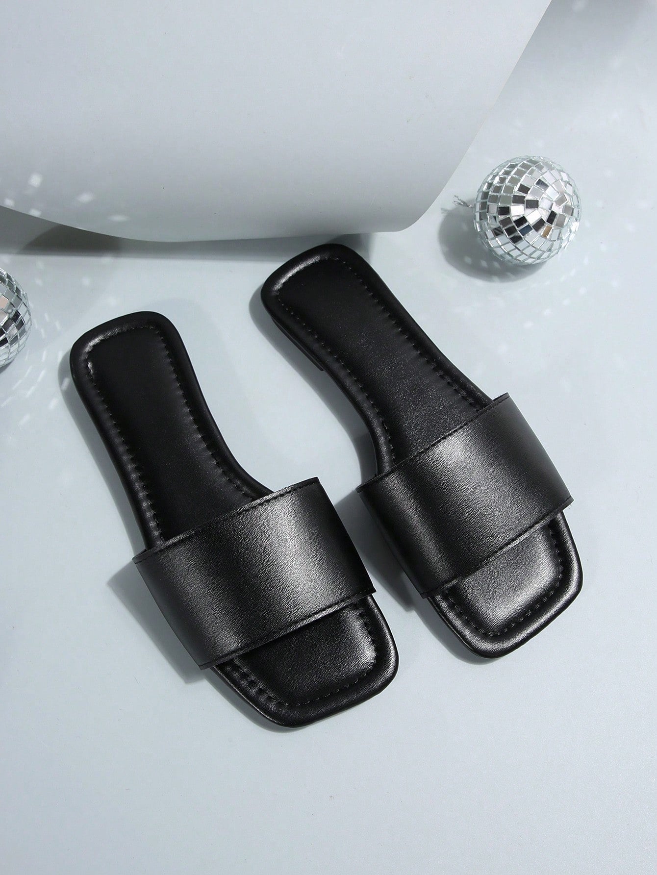 Women's Leather Flat Slide Sandals, Black Lightweight Soft Bottom Low Heel Slip-On Mule Sandals For Summer Casual Wear