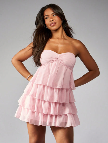 MISSGUIDED Strapless Mini Dress Tiered Ruffle Party Cocktail Wedding Guest Bridesmaid Twist Front Empire Waist