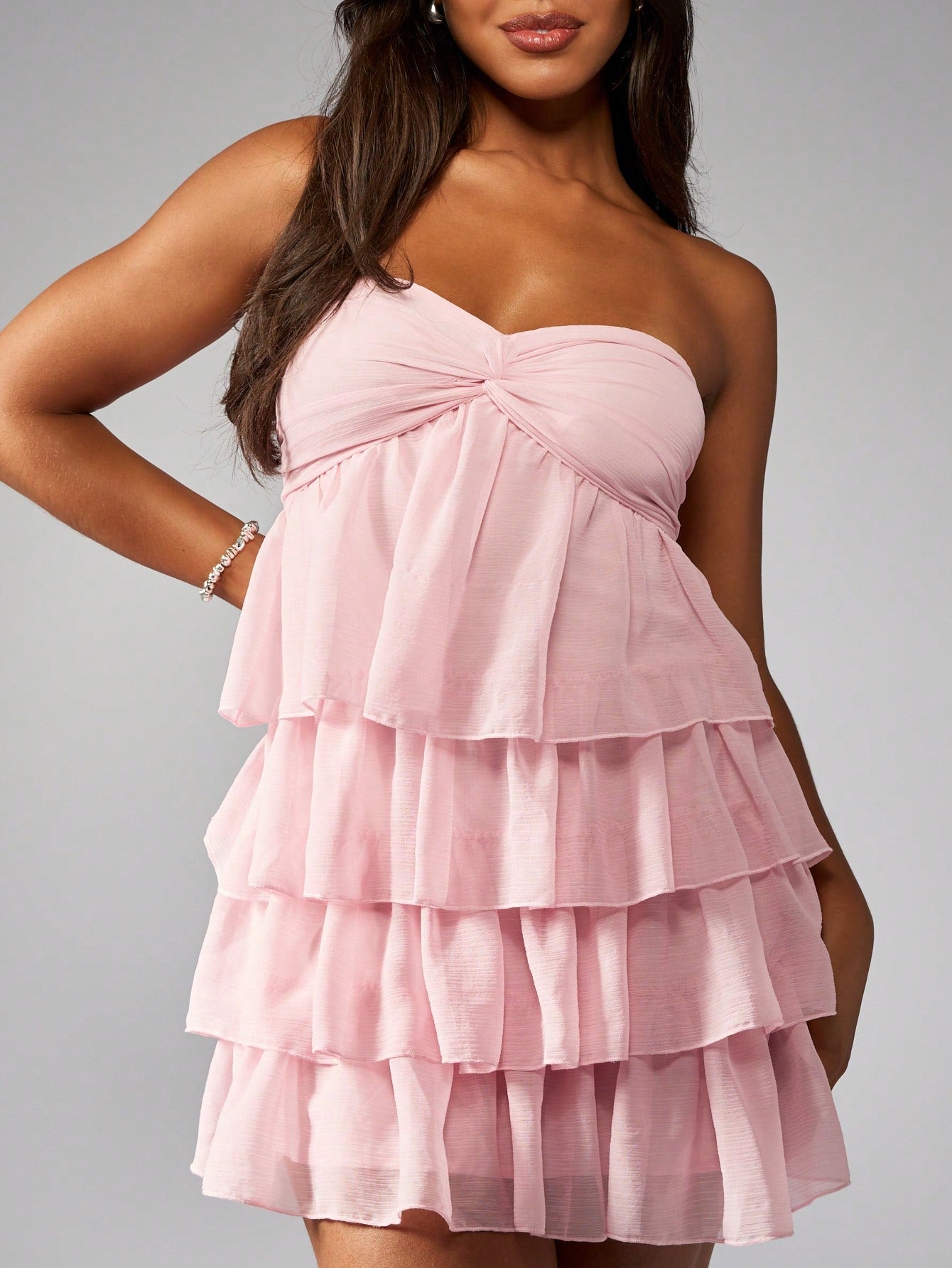 MISSGUIDED Strapless Mini Dress Tiered Ruffle Party Cocktail Wedding Guest Bridesmaid Twist Front Empire Waist
