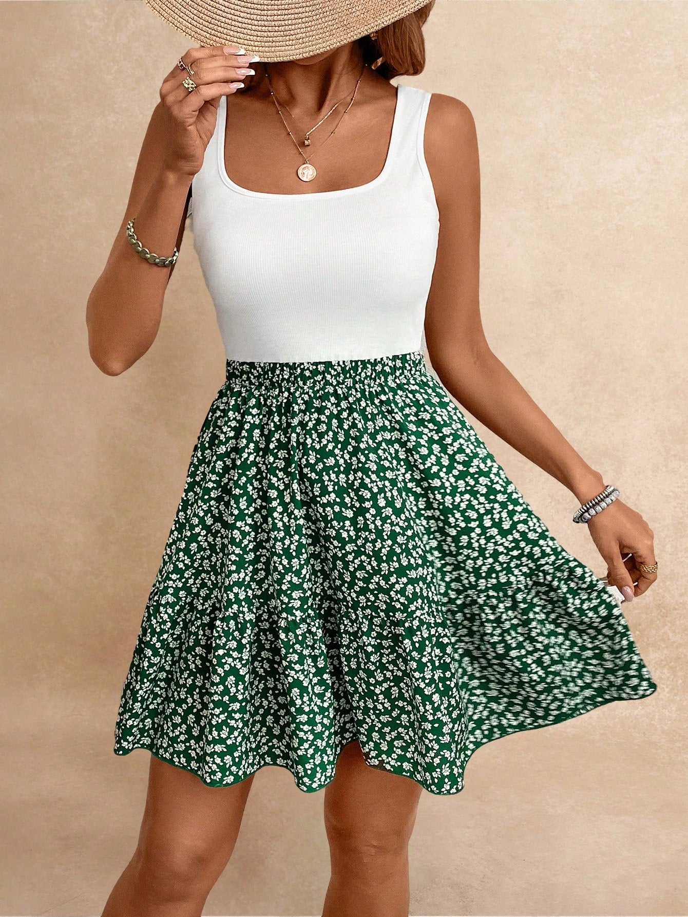 SHEIN Frenchy Summer Vacation Ladies' Floral Pattern Sleeveless A Line Waist-Cinching Dress