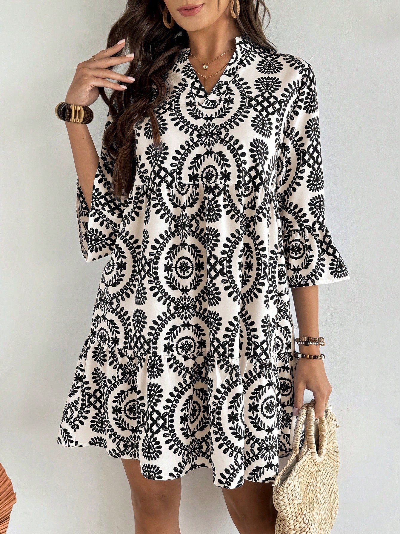 EMERY ROSE Women's Floral Print Cutout V-Neck Ruffled Hem Long Sleeve Mini Dress,Summer Dresses For Women