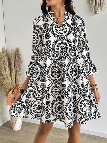 EMERY ROSE Women's Floral Print Cutout V-Neck Ruffled Hem Long Sleeve Mini Dress,Summer Dresses For Women