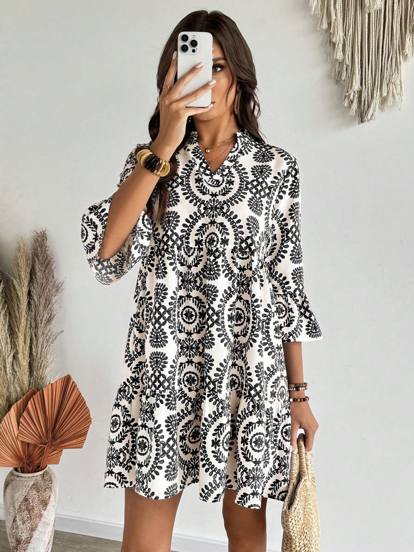 EMERY ROSE Women's Floral Print Cutout V-Neck Ruffled Hem Long Sleeve Mini Dress,Summer Dresses For Women