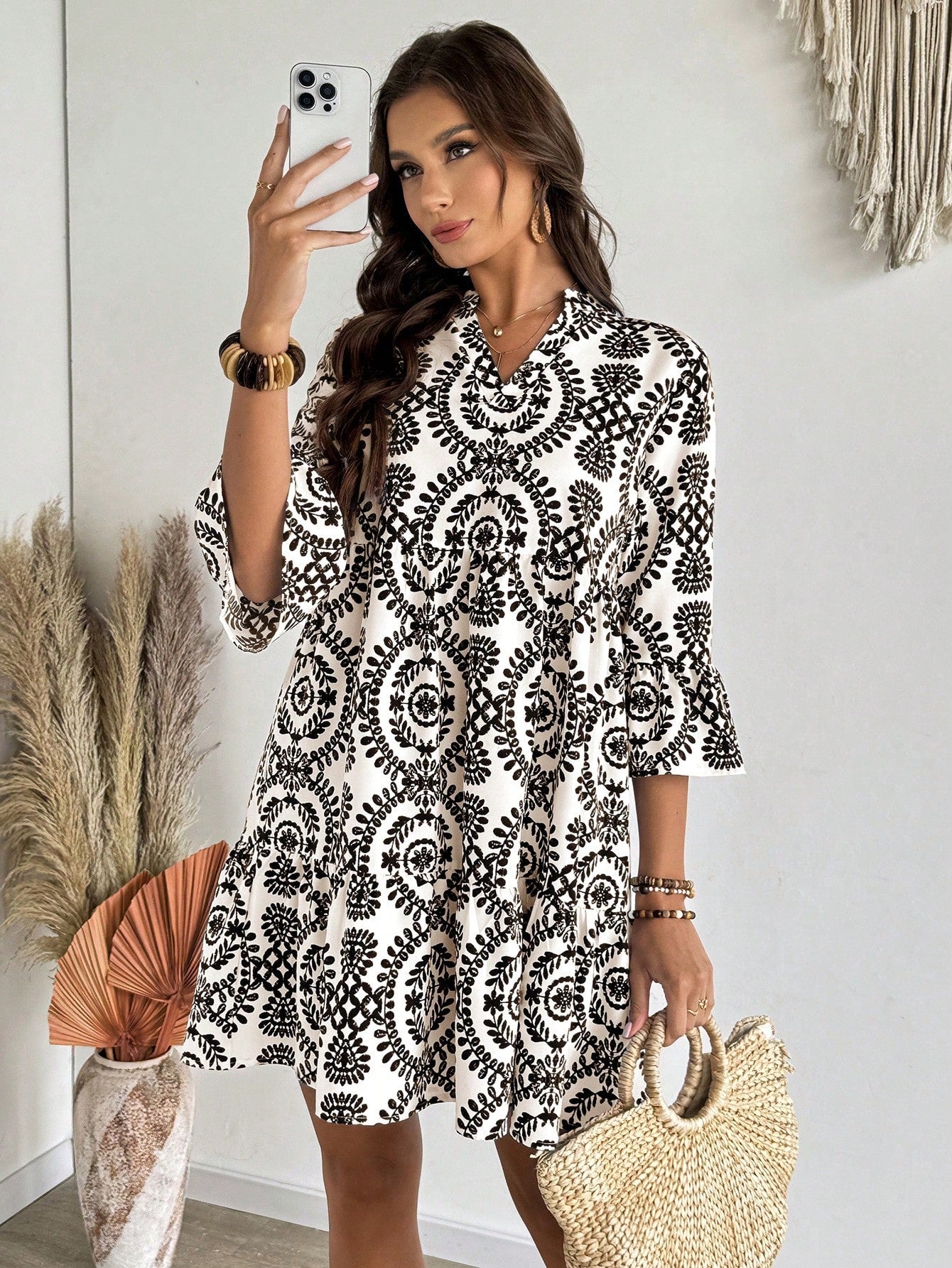 EMERY ROSE Women's Floral Print Cutout V-Neck Ruffled Hem Long Sleeve Mini Dress,Summer Dresses For Women