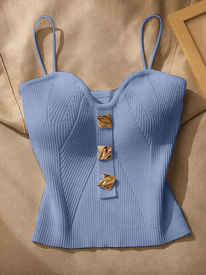 Women Metallic Decor Form-Fitting Camisole Knit Top