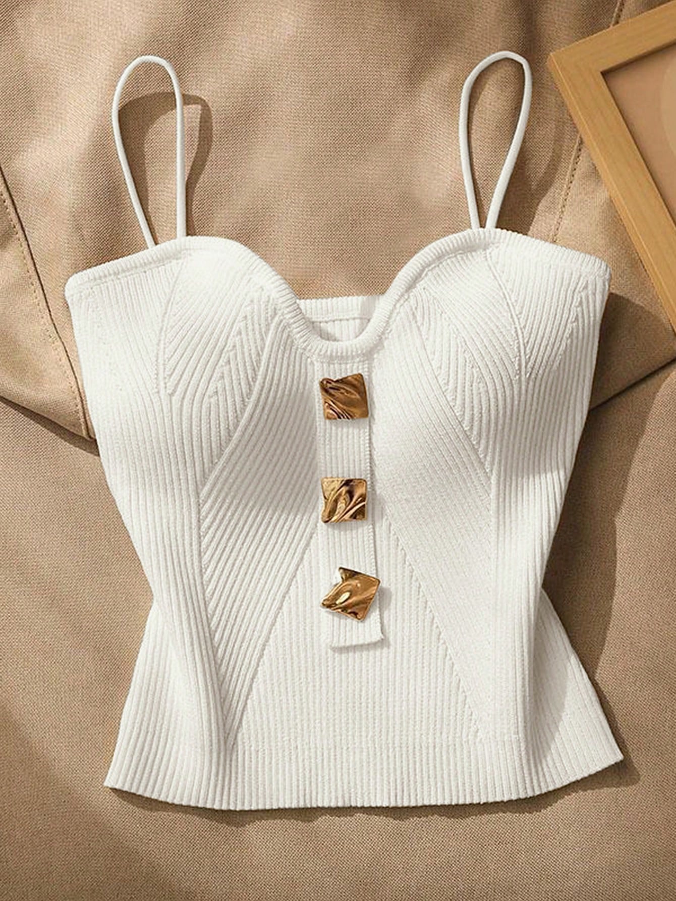 Women Metallic Decor Form-Fitting Camisole Knit Top