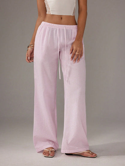 Flirla Pink Cotton Drawstring Waist Straight Leg Pants, Fashion Casual Home Wear For Women, Spring Fall Cloth For Women