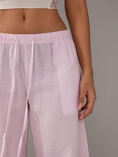 Flirla Pink Cotton Drawstring Waist Straight Leg Pants, Fashion Casual Home Wear For Women, Spring Fall Cloth For Women