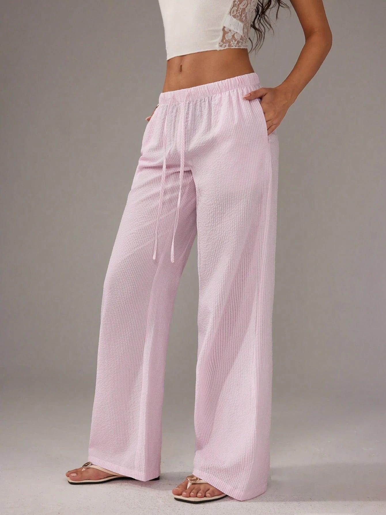 Flirla Pink Cotton Drawstring Waist Straight Leg Pants, Fashion Casual Home Wear For Women, Spring Fall Cloth For Women