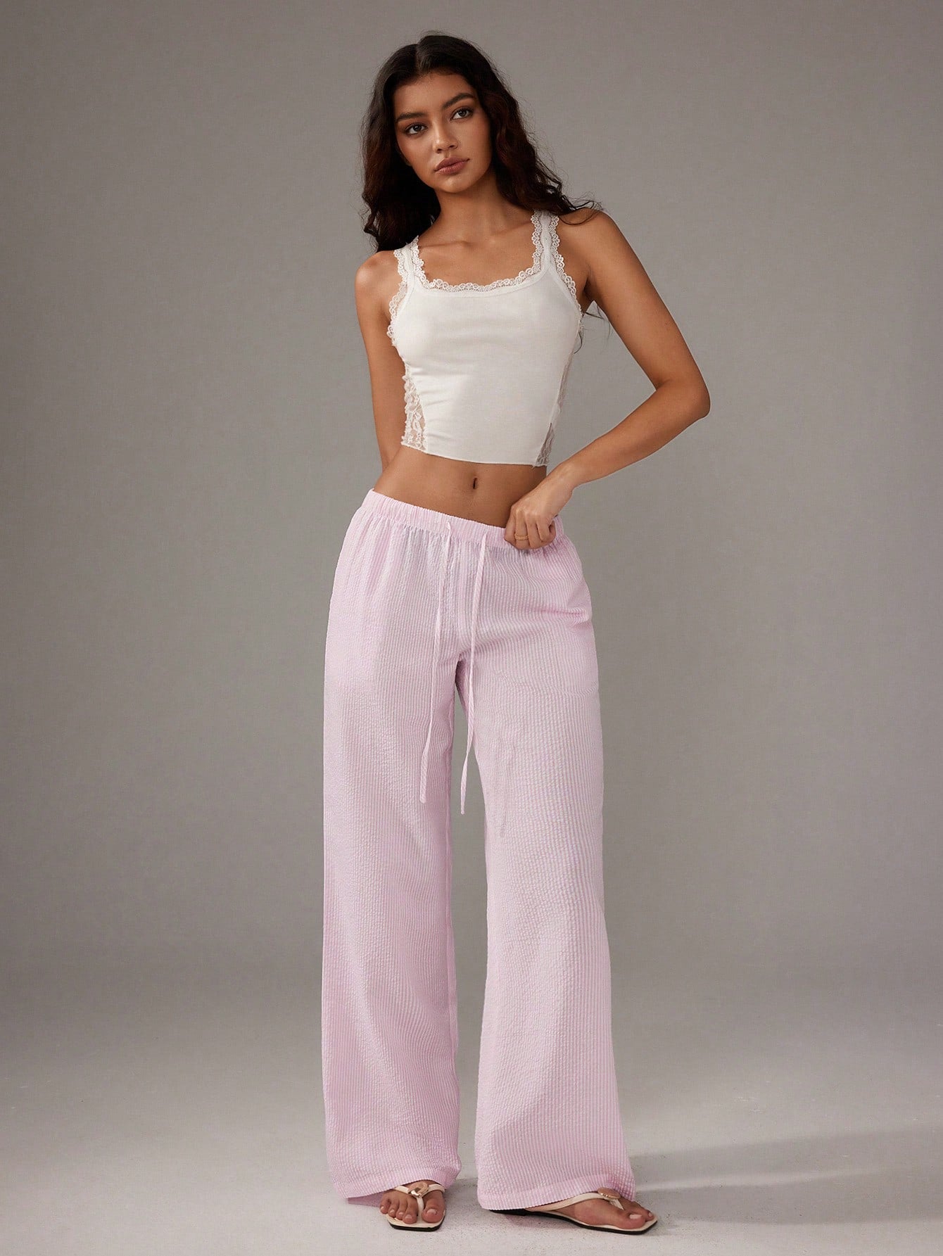 Flirla Pink Cotton Drawstring Waist Straight Leg Pants, Fashion Casual Home Wear For Women, Spring Fall Cloth For Women